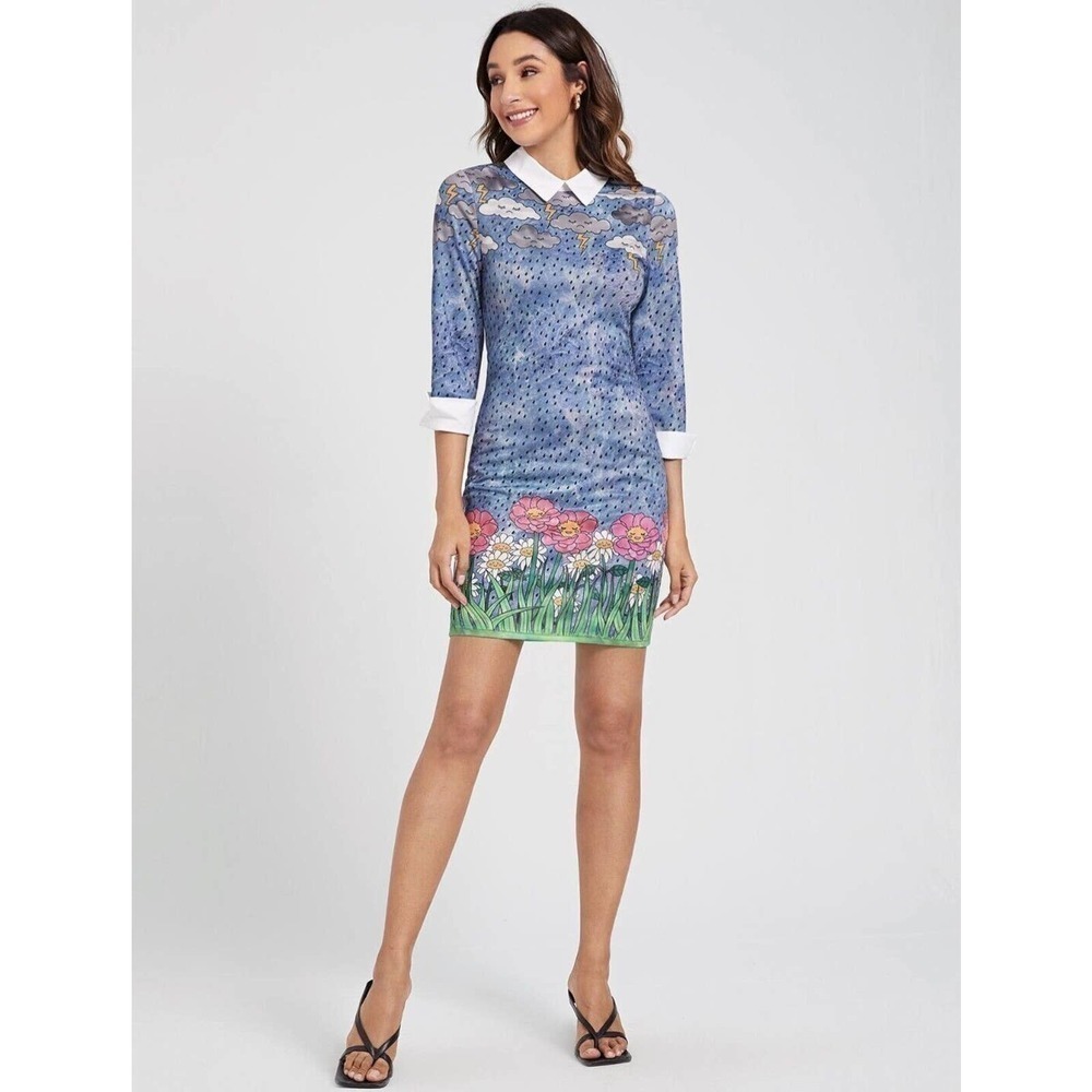 Shein Rain Clouds Flowers Blue Cartoon Dress